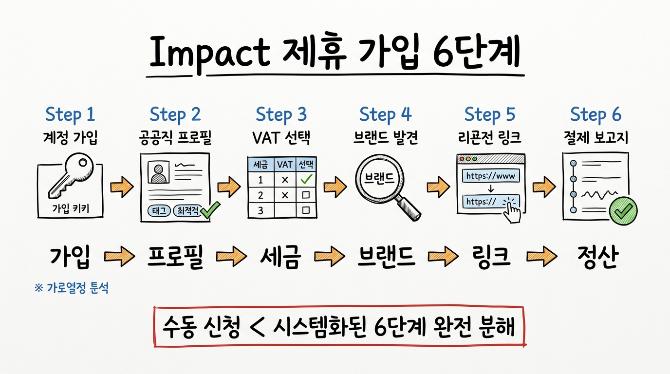 Impact 제휴 가입 6단계 손그림 에디토리얼 인포그래픽