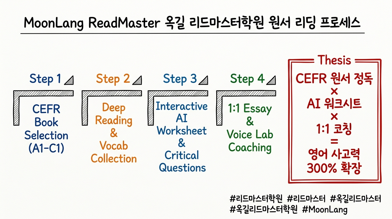 MoonLang ReadMaster 옥길 리드마스터학원 원서 리딩 프로세스 손그림 에디토리얼 인포그래픽