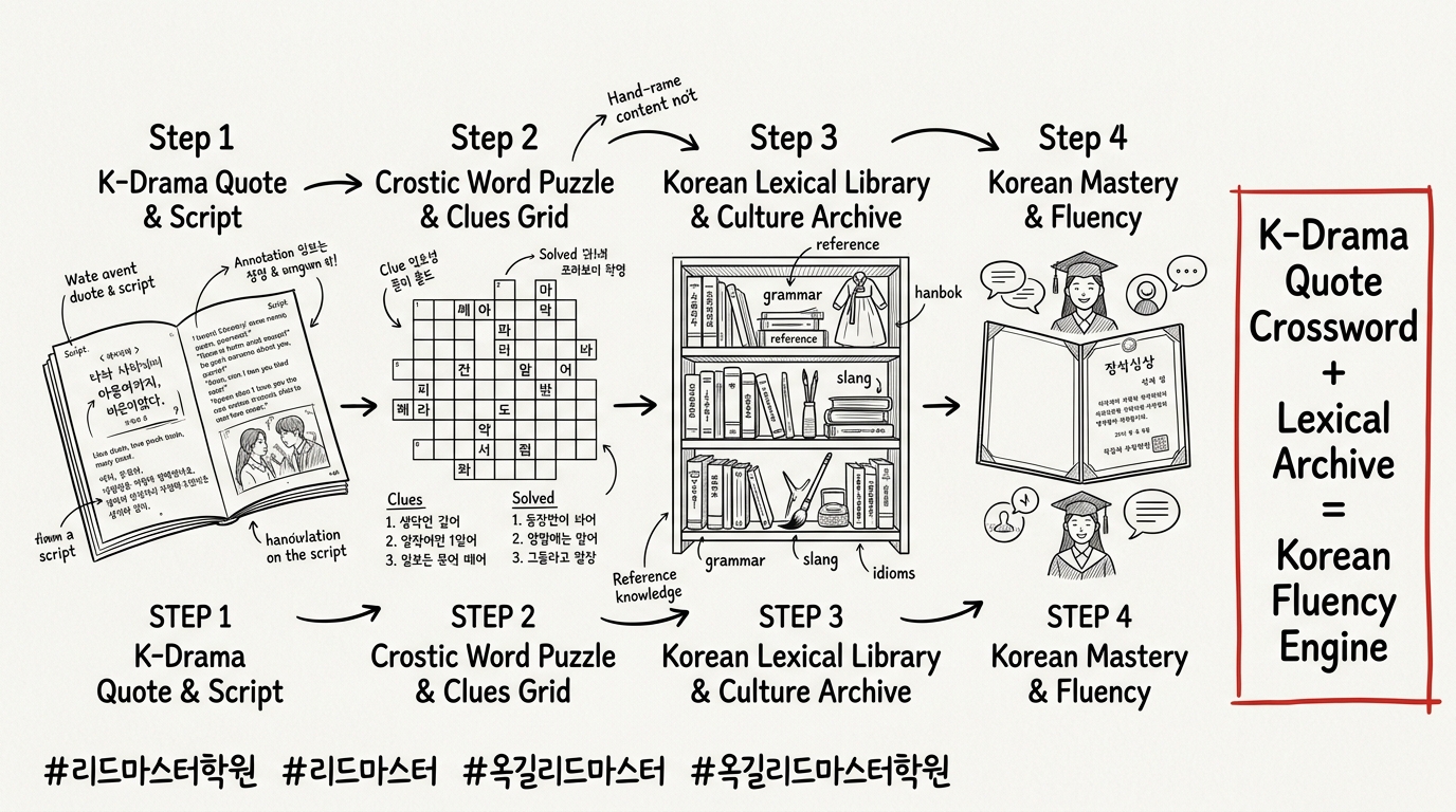 한국어 학습 & 크로스핏 퍼즐 프로세스 손그림 에디토리얼 인포그래픽