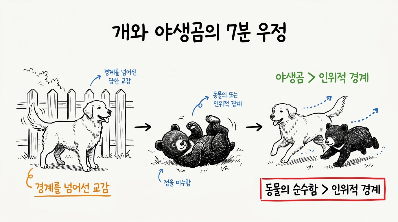 미국 버몬트 마당에서 장난치는 반려견과 야생곰
